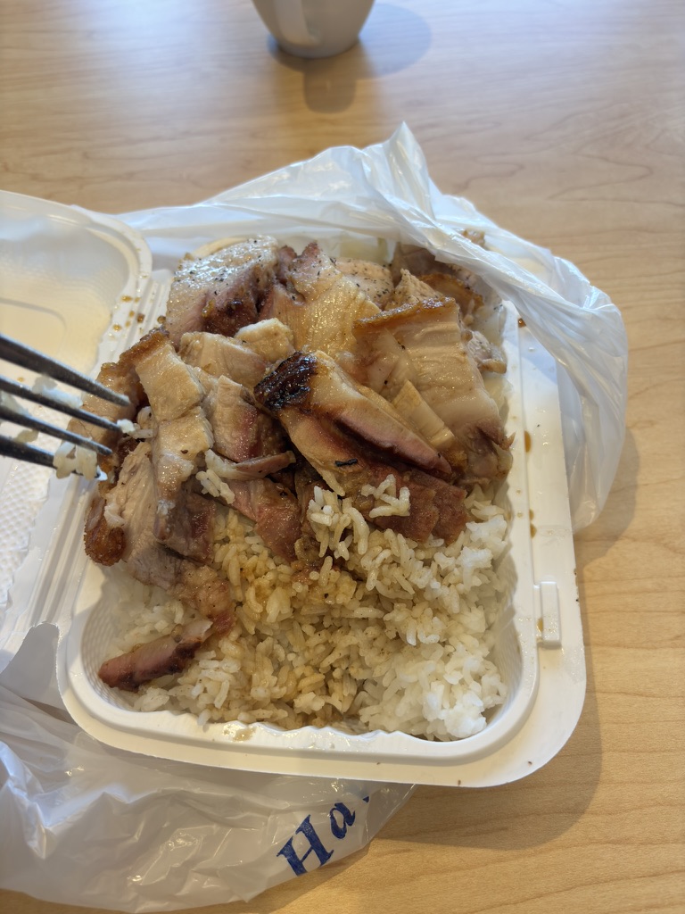 Roasted meats served over rice in a takeout container