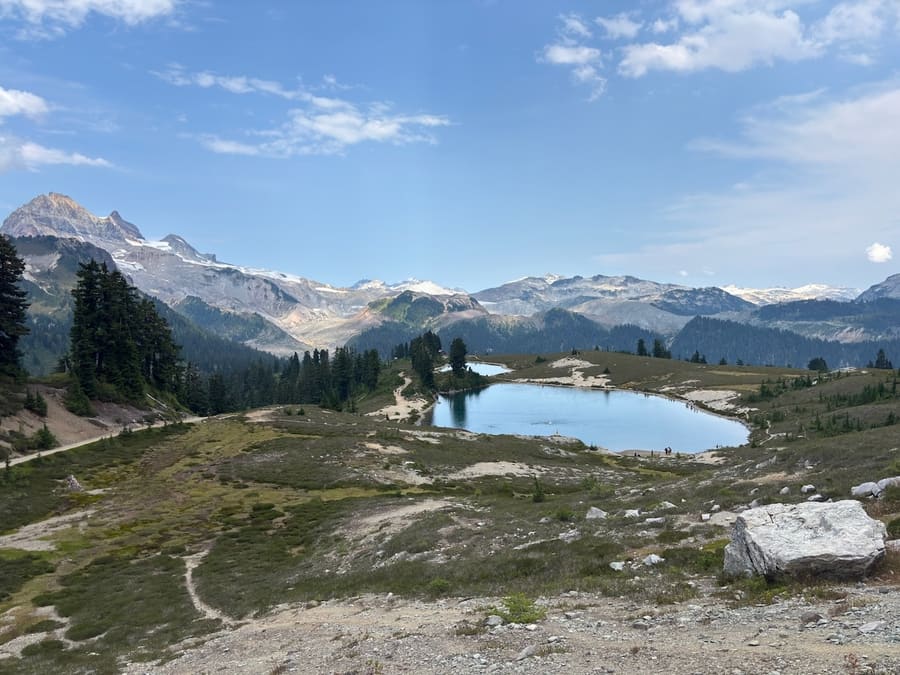 Panoramic view of alpine lakes and glacier-carved peaks