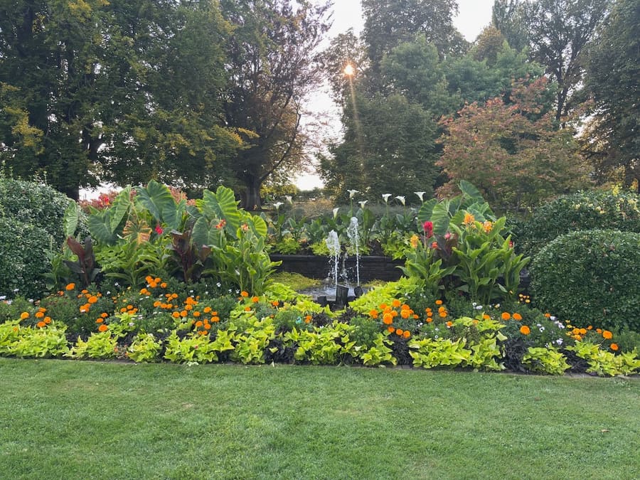 Colorful garden and fountain near the Peace Arch