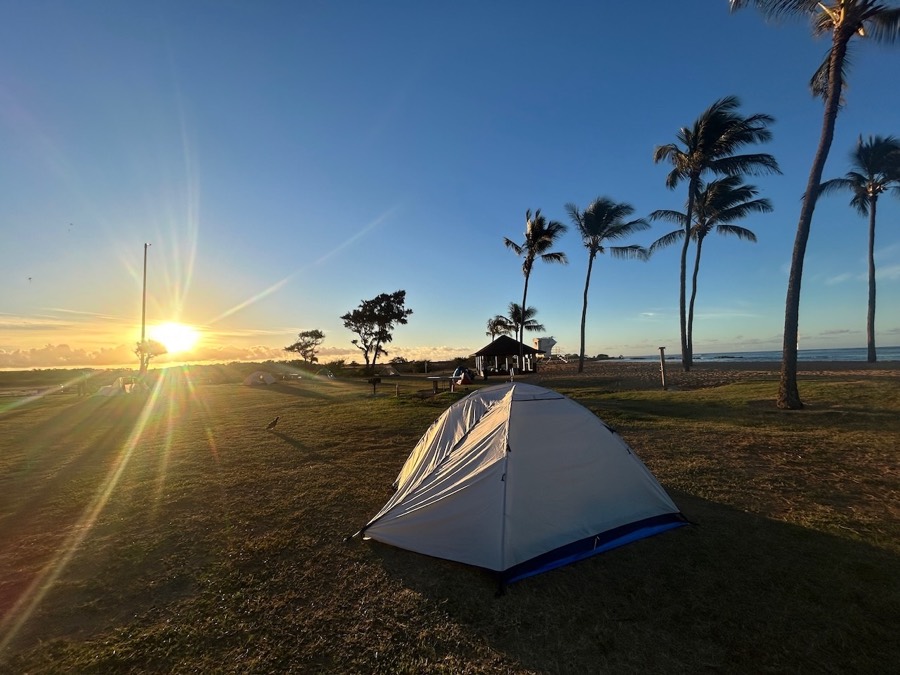 Tent at a beachfront campground during sunset