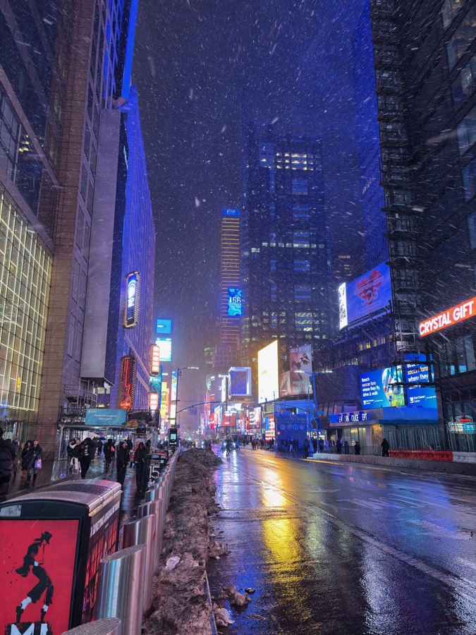 Times Square during a snowy night