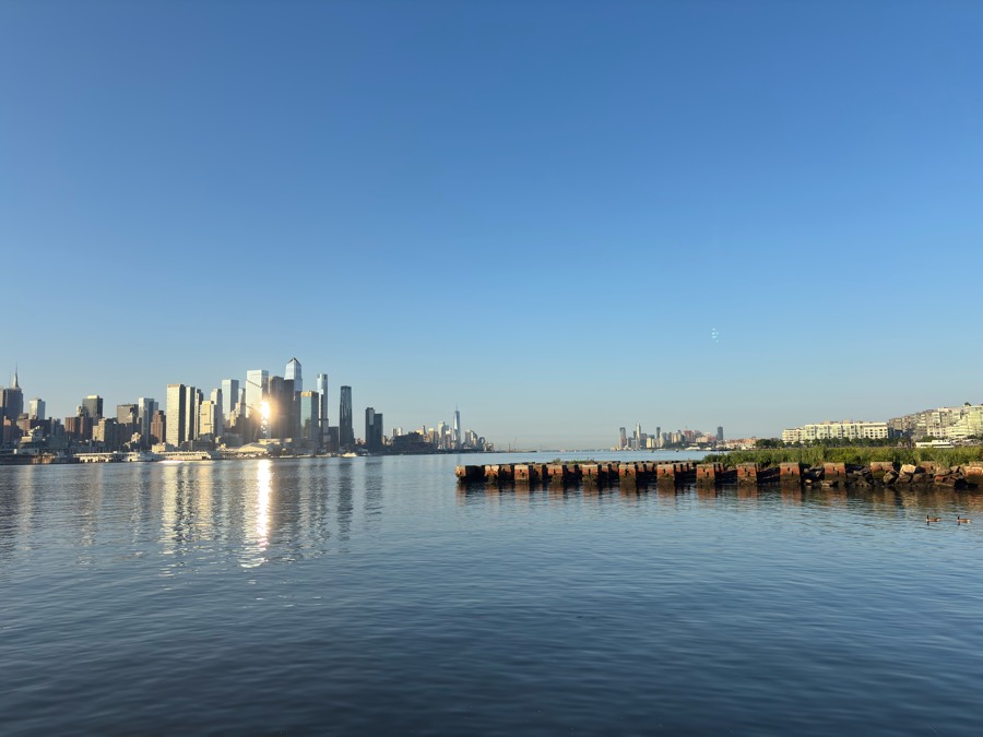 Lower Manhattan waterfront on a clear morning