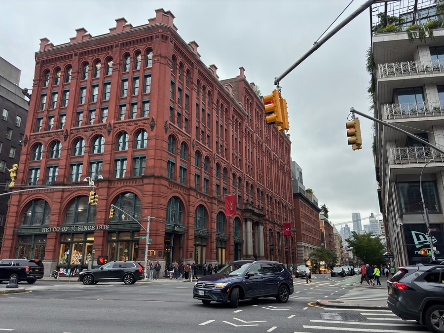Red-brick Puck Building at a Manhattan intersection