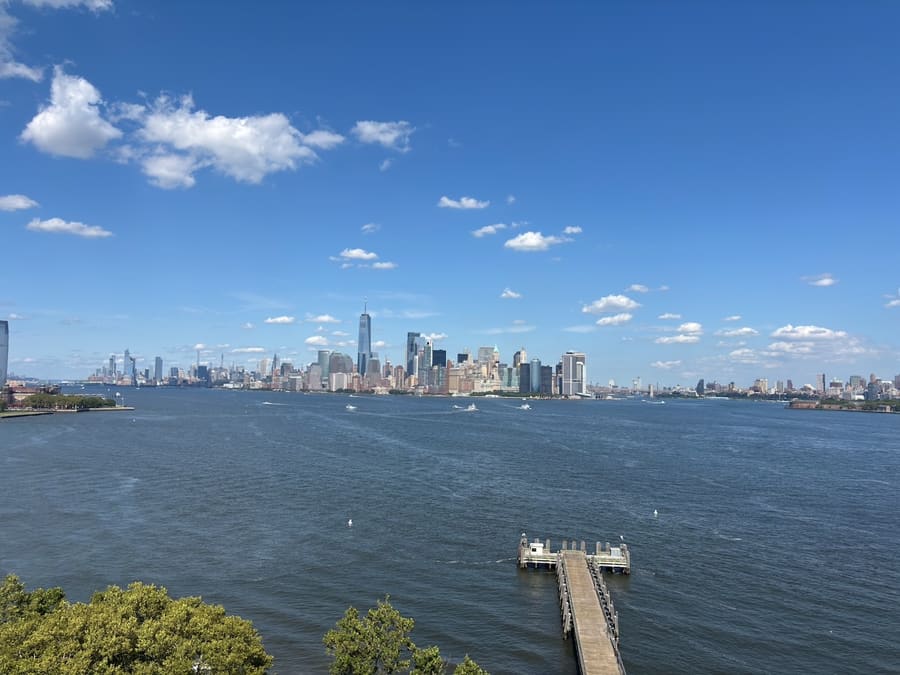Lower Manhattan skyline across New York Harbor from Liberty Island