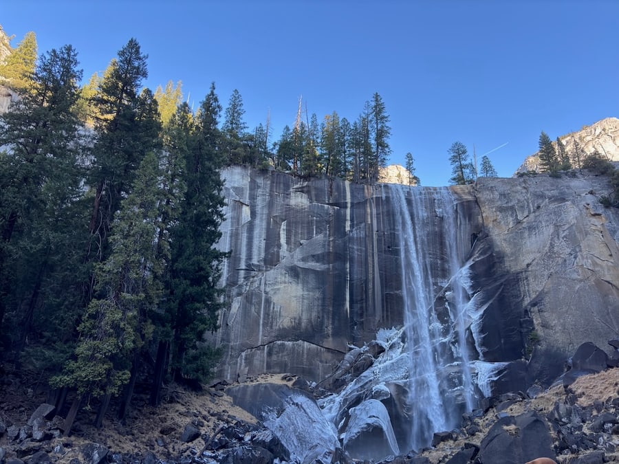 Wide view of a frozen Yosemite waterfall
