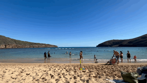 People wading into the clear water at Hanauma Bay